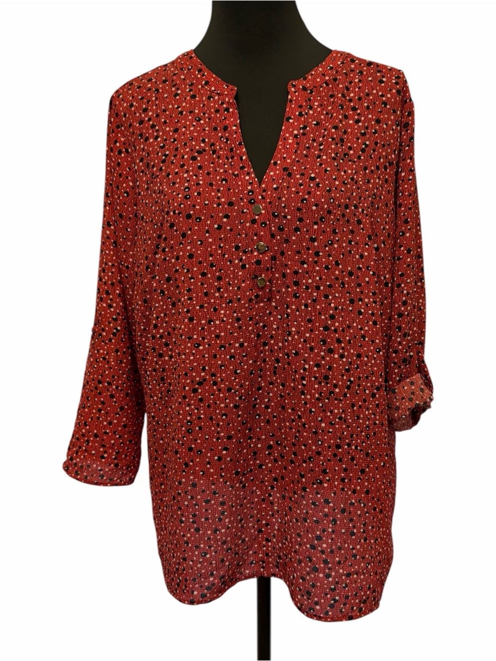 Notations Woman 1X Red Black Polka Dot Roll Tab Sleeve Career Blouse Top
